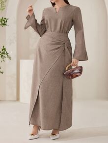 Veilorie Long Sleeve Twist Loose Skirt Plus Size 2 Pieces Set - Mocha Brown - View 2