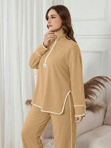 Modelyn 女款秋冬黑色立領半拉鍊字母貼布運動衫，寬鬆休閒百搭 2 件套 - 駝色 - 查看 6