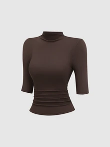 Sweetra Spring/Autumn New Solid Color Stand Collar Short Sleeve Top, Slim Fit, Elegant Minimalist, Suitable For Streetwear And Daily Wear - Multicolor - View 5