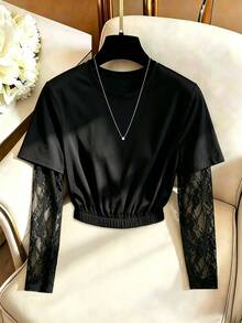INAWLY Solva Women's Autumn Winter Basic Crew Neck 2 In 1 Lace Splicing Long Sleeve Cropped Top, Solid Co - Black - View 5