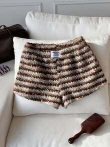 Comfortcana Quần short nữ kẻ sọc thường ngày phong cách casual - màu nâu - Xem 3