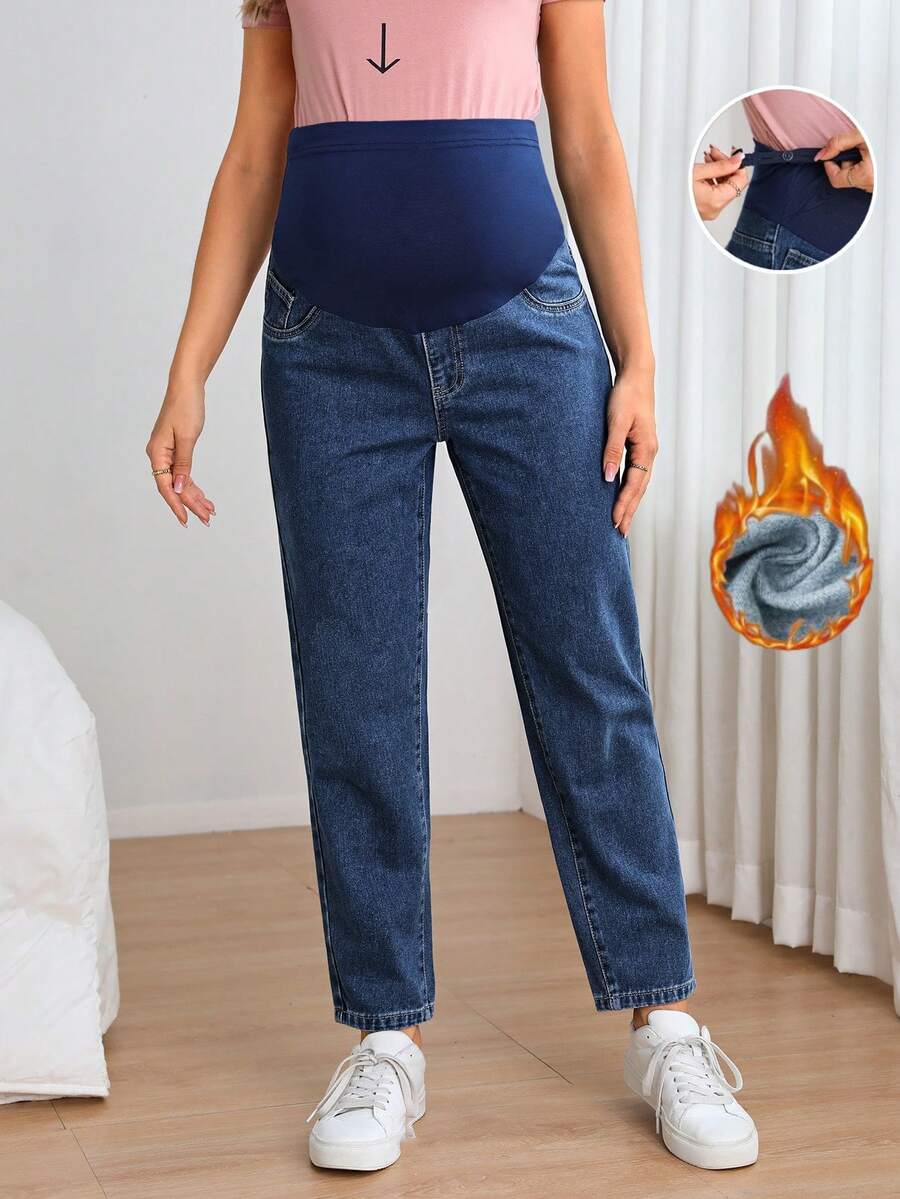 SHEIN 孕婦可調腰圍休閒日常牛仔褲 - 深色水洗藍 - 查看 1