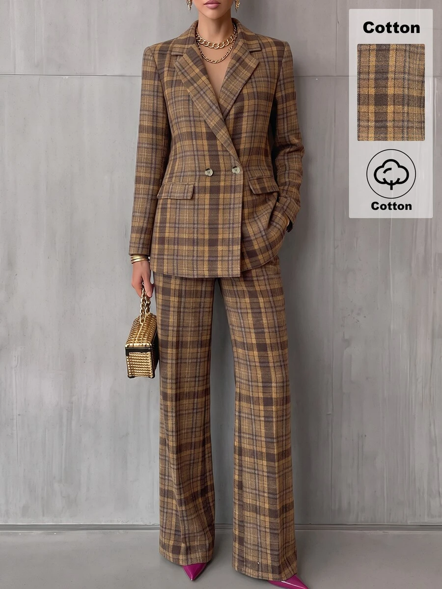 SHEIN 秋冬女款格紋純棉兩件式套裝，雙排釦西裝外套搭配高腰寬腿長褲，復古格紋辦公商務穿搭套裝