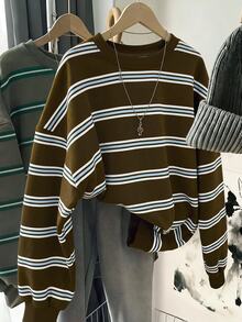 SHEIN LUNE 女款條紋拼色休閒日常長袖運動衫 - 白色 - 查看 1