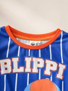 Blippi X SHEIN Young Boy Striped Short Sleeve T-Shirt And Shorts Casual Set - Blue - View 3