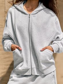 GLOWMODE Cozy Street Collection Everyday Fleece Snowbound Relaxed-Fit Hip-Length Hoodie With Studded Pockets & Logo Details Daily Casual Fall Winter Wear - Grey - View 3