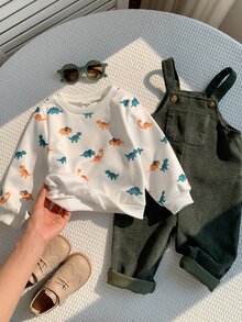 SHEIN 2件組 嬰兒男孩/女孩 秋冬卡通恐龍圖案 針織柔軟圓領長袖套頭衛衣與吊帶長褲套裝 - 彩色 - 查看 6