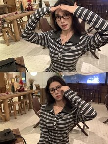 DAZY Women's Collared Striped Long Sleeve T-Shirt, Autumn/Winter - Blue - View 9