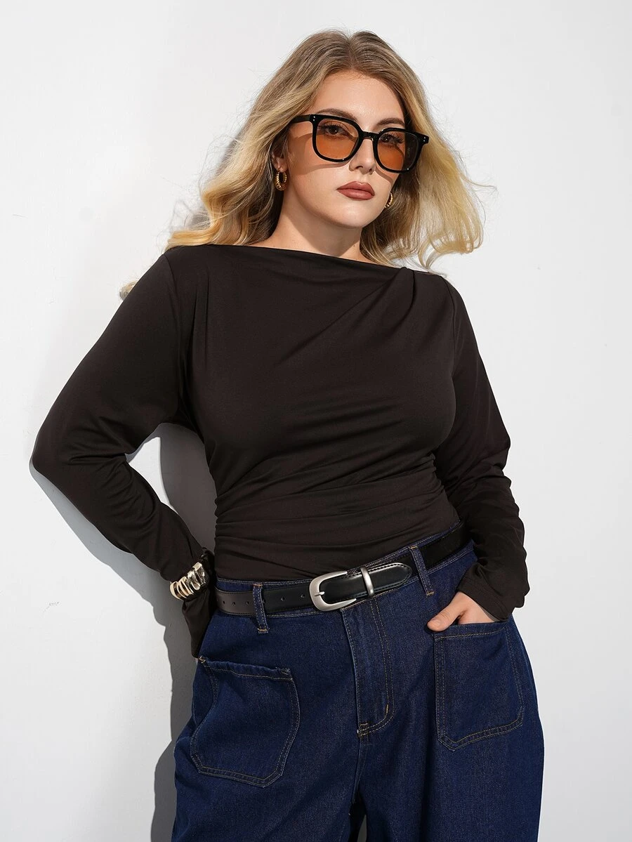 Maija Plus Size Fashion Streetwear Ruched Asymmetrical Hem T-Shirt - Brown - View 1