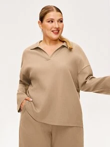 LUVLETTE Piyama Wanita Ukuran Plus Musim Gugur, Bahan Katun Lembut Waffle, Lengan Panjang & Celana Panjang, Set Piyama Santai 2 Potong dengan Kantong, Celana dengan Kantong, Piyama Musim Gugur - Aprikot - View 4