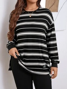 SHEIN LUNE 大尺碼秋冬休閒拼接條紋落肩側開衩T恤度假穿搭 - 彩色 - 查看 1