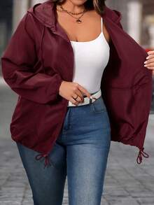 EMERY ROSE Plus Size Women's Solid Color Long Sleeve Zip-Up Casual Hooded Jacket - Burgundy - View 4