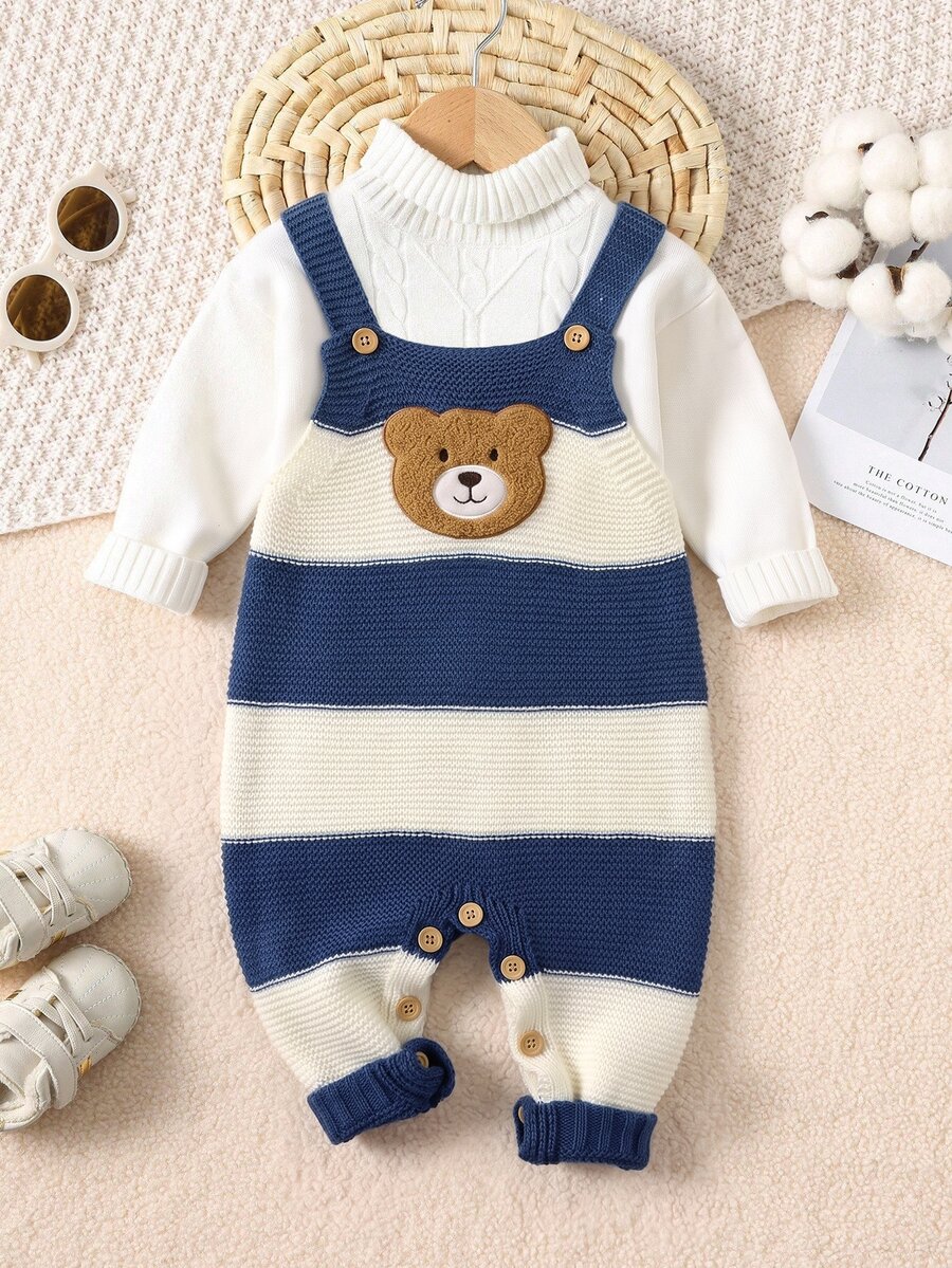 Baby Boy Cartoon Bear Embroidered Striped Cute Knitted Autumn Romper - Blue - View 1