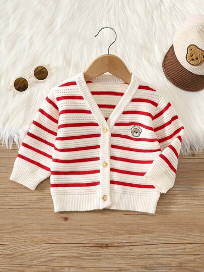 SHEIN Baby Boy Baby Girl Autumn/Winter Cartoon Bear Patch Striped V-Neck Long Sleeve Cardigan Sweater, Striped Knit Sweater, Infant Sweater, Cute Sweater, Christmas Sweater