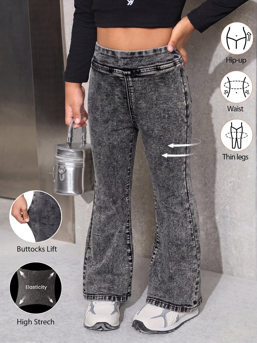 SHEIN 女童藍色丹寧彈性緊身喇叭褲 - 黑色 - 查看 1