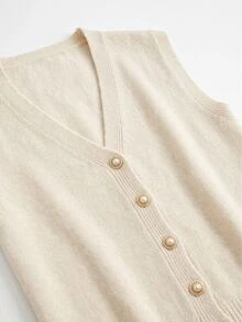 SHEIN Women's Sleeveless V-Neck Knit Vest, Beige With Pearl-Style Buttons, Soft Layering Cardigan For Workplace & Casual Daily Wear, Autumn/Winter - Beige - View 8