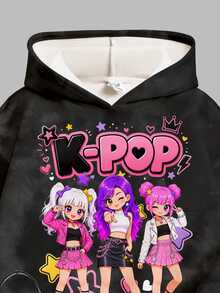 紮染水洗黑色對比條紋 Y2K 時尚街頭風 K-Pop 女團圖案印花女款/女孩休閒舒適寬鬆抓絨連帽衛衣，適合秋冬日常穿著、運動、返校、出遊、音樂節，復古高街甜酷女孩慵懶時尚少女風 - 彩色 - 查看 5