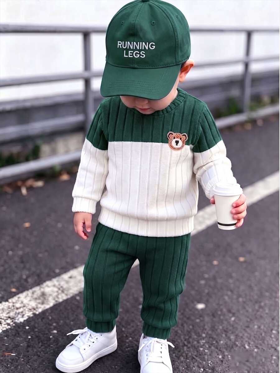 SHEIN Playful Pals Soft Brushed Fabric Bear Embroidery Pattern Contrast Color Baby Boy Casual Set - Dark Green - View 1