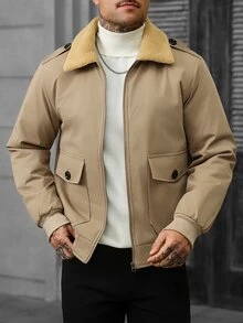 Manfinity CasualCool 男士羊羔毛領夾克，卡其色厚實保暖內裡工作夾克，修身版型，適合冬季通勤、街頭休閒穿著與度假 - 卡其色 - 查看 3