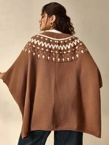 Nubod Plus Size Vintage Geometric Jacquard Loose Cape Knit Sweater - Camel - View 2
