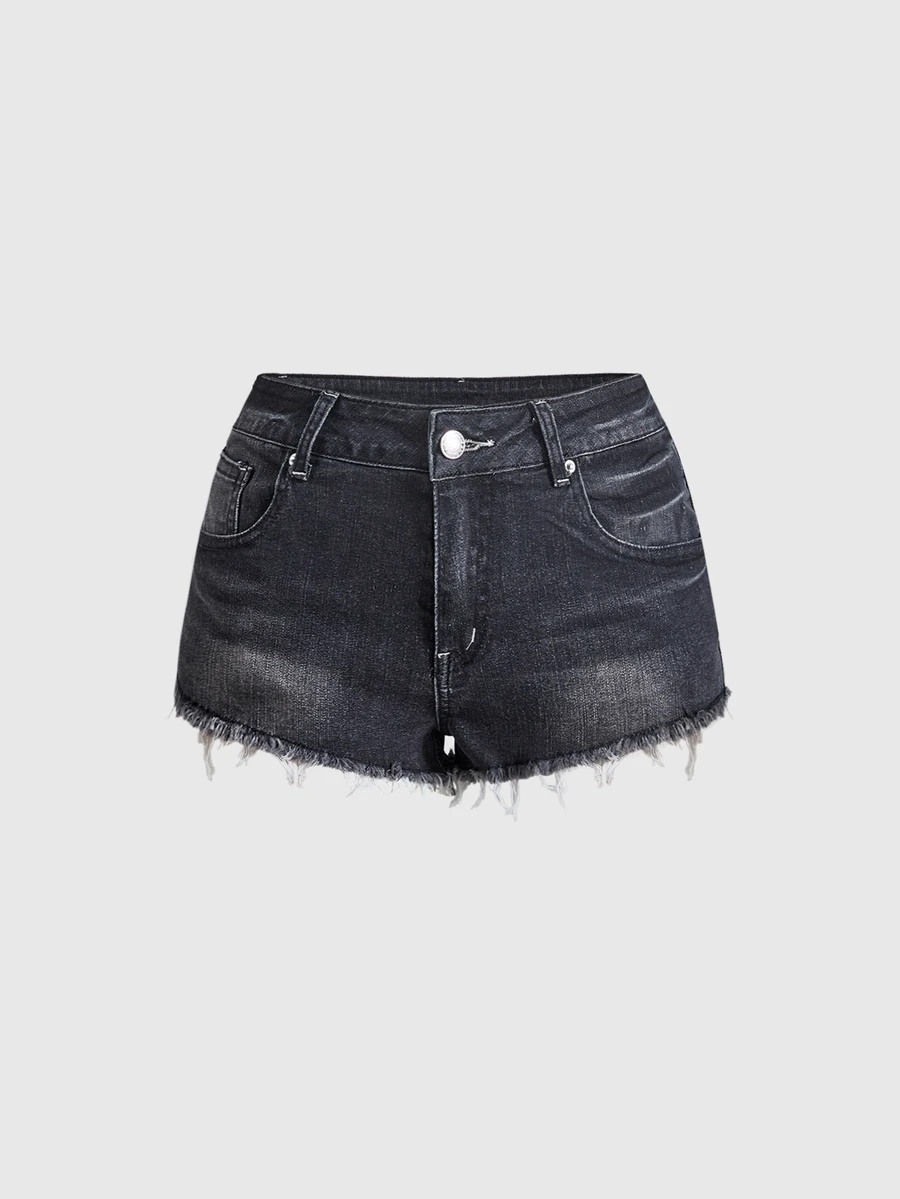 ROMWE Vintage Y2K Low Waist Super Short Zipper Rivet Pocket Embroidered Women's Denim Shorts - Black - View 1