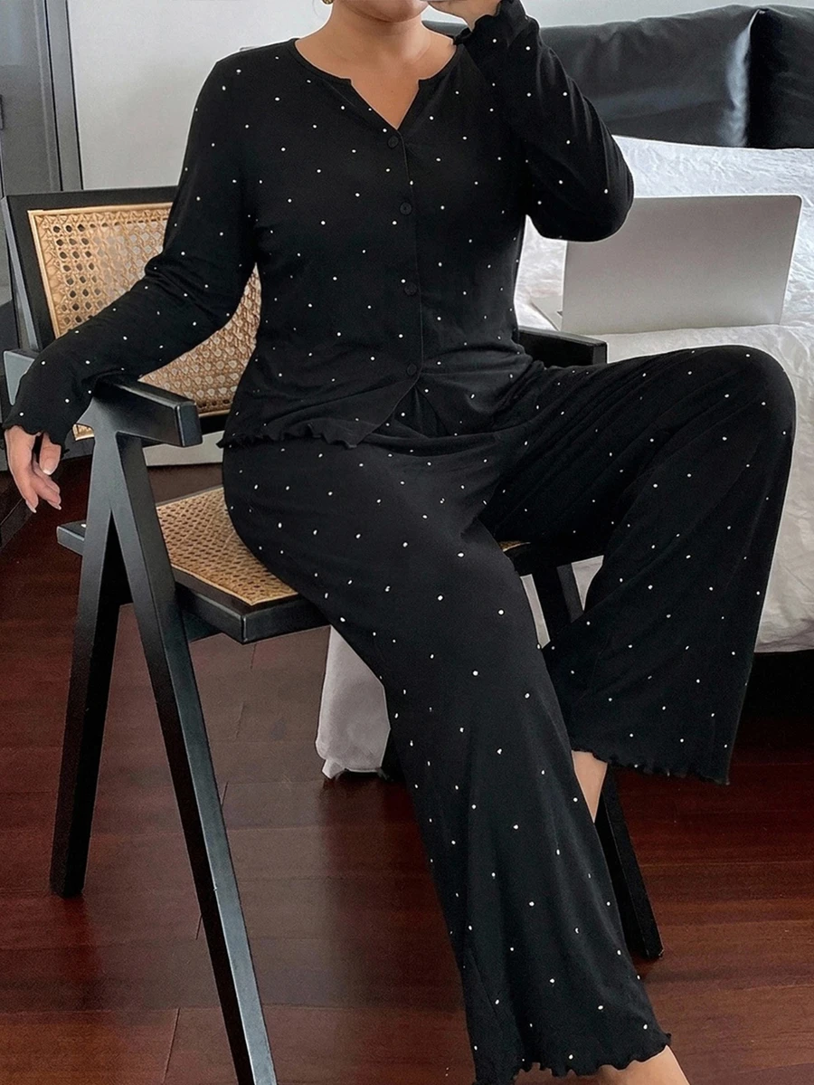 Dazy Plus Set Piyama 2 Potong Celana Panjang Kasual Motif Polkadot Modis untuk Pakaian Rumah Musim Semi dan Gugur, Model Baru yang Lucu - Hitam - View 1