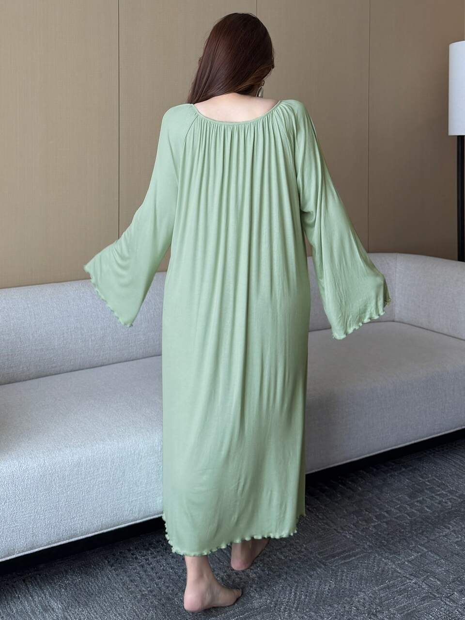 Dazy Plus Spring/Autumn New Fresh Minimalist Vacation Lace Patchwork Neckline Tie Bell Sleeve Loose Nightgown