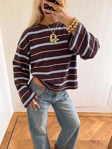 SHEIN EZwear 海外長袖草莓巧克力條紋上衣，秋季襯衫，適合日常通勤、派對、秋冬春夏、聖誕節、新年、感恩節、派對、婚禮、海灘、畢業典禮、優雅、外出、約會、通勤、情人節、優雅、度假、Y2K、畢業典禮及其他場合 - 彩色 - 查看 3