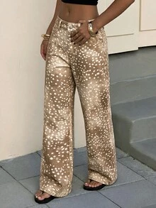 SHEIN Tall 女款動物印花口袋寬腿休閒牛仔褲 - 彩色 - 查看 4