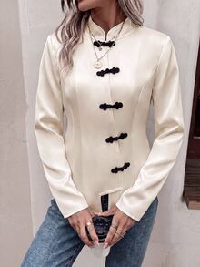 SHEIN Women's Elegant Chinese Style Long Sleeve Jacket With Frog Button Design - Beige - View 5