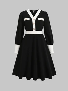 SHEIN 青少年女孩秋冬長款休閒簡約日常聖誕洋裝 - 黑與白 - 查看 2