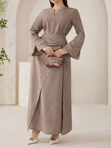 Veilorie Long Sleeve Twist Loose Skirt Plus Size 2 Pieces Set - Mocha Brown - View 4