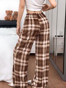 Napfluff American Retro Plaid Pajama Pants, Lazy Women's Autumn/Winter Plush Elastic Waist Wide Leg Long Pants - Multicolor - View 2