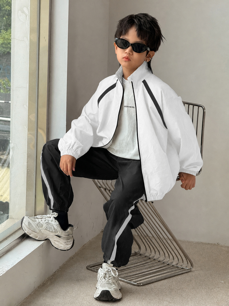 2pcs Kids Teen Boy Casual Sports Baseball Jacket White Outerwear And Black Jogger Pants Set, Versatile Commuting, Suitable For Autumn/Winter Outfits, School, Family Gatherings, Back To School, Sports, Play, Birthday Parties, Photography, Vacation, Holidays - Black and White - View 5