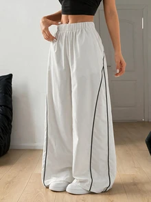 SHEIN PETITE Women's Autumn/Winter Street Style Vintage Holiday Outing Back To School Basic Black Wide Leg Pants, Essential For Daily Wear - White - View 1