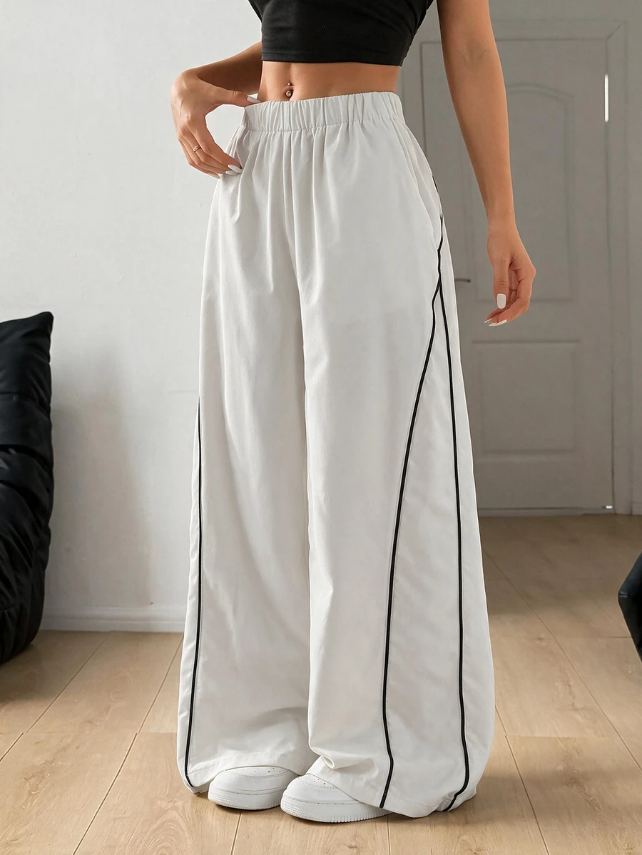 SHEIN PETITE Women's Autumn/Winter Street Style Vintage Holiday Outing Back To School Basic Black Wide Leg Pants, Essential For Daily Wear - White - View 1