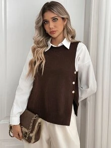 Sprig & Strand Women's Vintage Minimalist Round Neck Knit Vest With Double-Sided Gold Buckles, Loose Sleeveless Layering Sweater - Brown - View 5