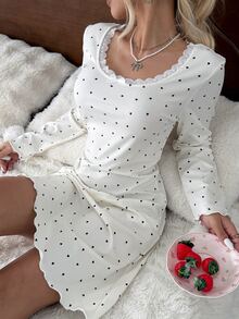 CottageSlumber Women's Lace Trim Fashion Minimalist Heart Print Long Sleeve Nightgown - Beige - View 7