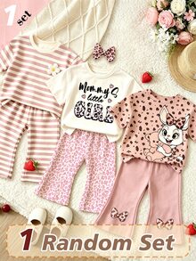 (1 Random Set) Baby Girls Autumn Casual Cute Pink Leopard Print Letter Heart Bow Rabbit Flower Striped Short T-Shirt And Flared Pants - Multicolor - View 3