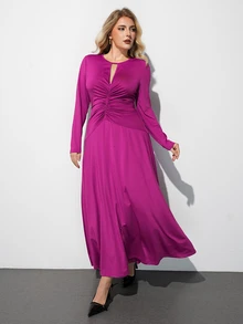 Maija Plus Size Women Solid Color Pleated Casual Elegant Party Formal Date Night Dress Magenta Autumn - Lilac Purple - View 4