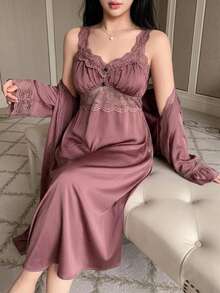 Dazy Plus Contrast Lace Elegant Long Nightgown & Long Cardigan Robe, Spring/Autumn New Red Sleepwear Set - Red Violet - View 6