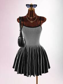 Amplova Women's Striped Low Cut Backless A-Line Knit Dress - Suitable For Street Photography, Parties, Halloween - Black and White - View 2