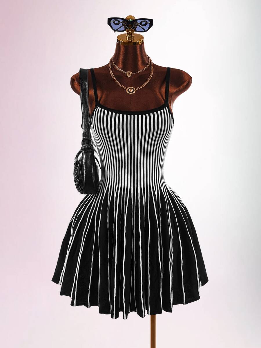 Amplova Women's Striped Low Cut Backless A-Line Knit Dress - Suitable For Street Photography, Parties, Halloween - Black and White - View 1