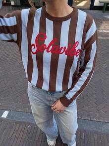 Solavibe Plus Size Y2K Colorblock Striped Oversized Knit Pullover Letter Embroidery Crew Neck For Campus & Daily,Colorblock,Fall Winter,Street Style,Halloween - Brown - View 8