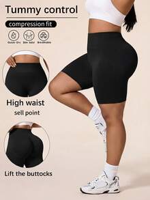 SHEIN Rhythm Era Seamless High Elasticity Plus Size Women's Sports Shorts - Black - View 1
