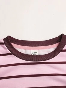 SHEIN 青少年女孩秋冬款簡約條紋印花套頭上衣百搭上衣 - 彩色 - 查看 5