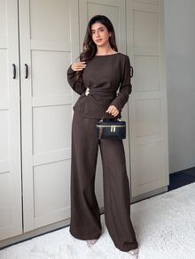 Veilorie Women's Solid Color Metal Decor Long Sleeve Top And Pants Arabic Clothing Set - Coffee Brown - View 4