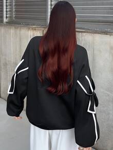 FRIFUL 女款拼色休閒可愛優雅百搭日常長袖運動衫，黑白配色，適合秋季日常約會 - 黑色 - 查看 5