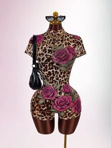 Amplova Leopard Print Bowknot Strap Fitted Short Sleeve Ruched Floral Semi-Sheer Sexy Women's Mini Bodycon Jumpsuit - Purple - View 2