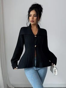 Elenzga Women's Autumn/Winter Elegant Sexy Oversized Collar Waist-Cinching Knit Cardigan - Black - View 6